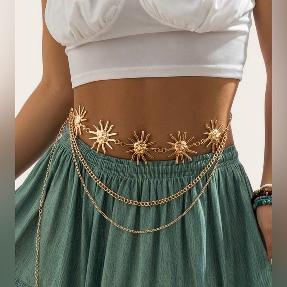 Celestial Sun Multi Layer Chain Statement Belt Metal Waist Belt gold New ☀️✨✨